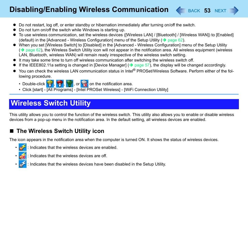 Disabling/enabling wireless communication, Wireless switch utility, The wireless switch utility icon | Philips CF-U1 User Manual | Page 53 / 85