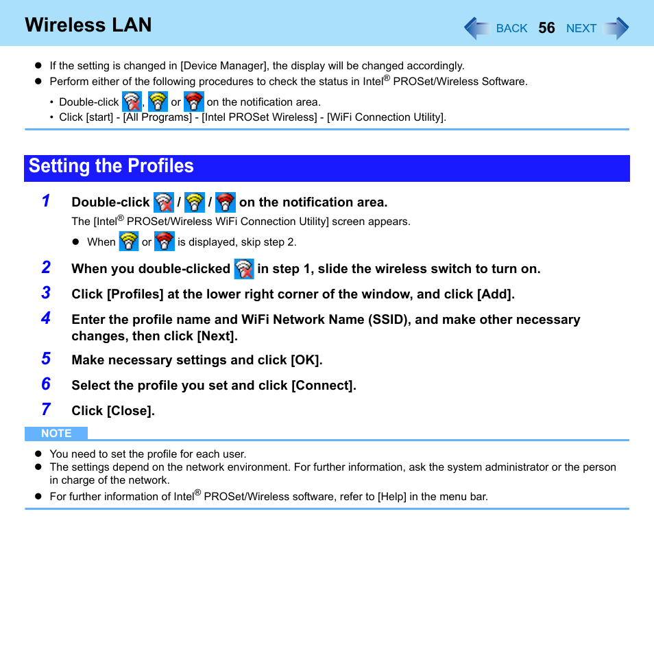 Wireless lan, Setting the profiles | Philips CF-U1 User Manual | Page 56 / 85