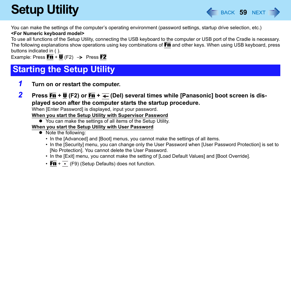 Setup utility, Starting the setup utility | Philips CF-U1 User Manual | Page 59 / 85