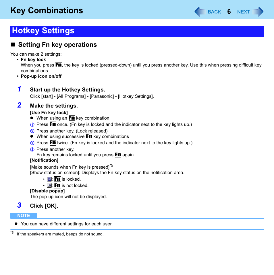 Key combinations, Hotkey settings, Setting fn key operations | Philips CF-U1 User Manual | Page 6 / 85