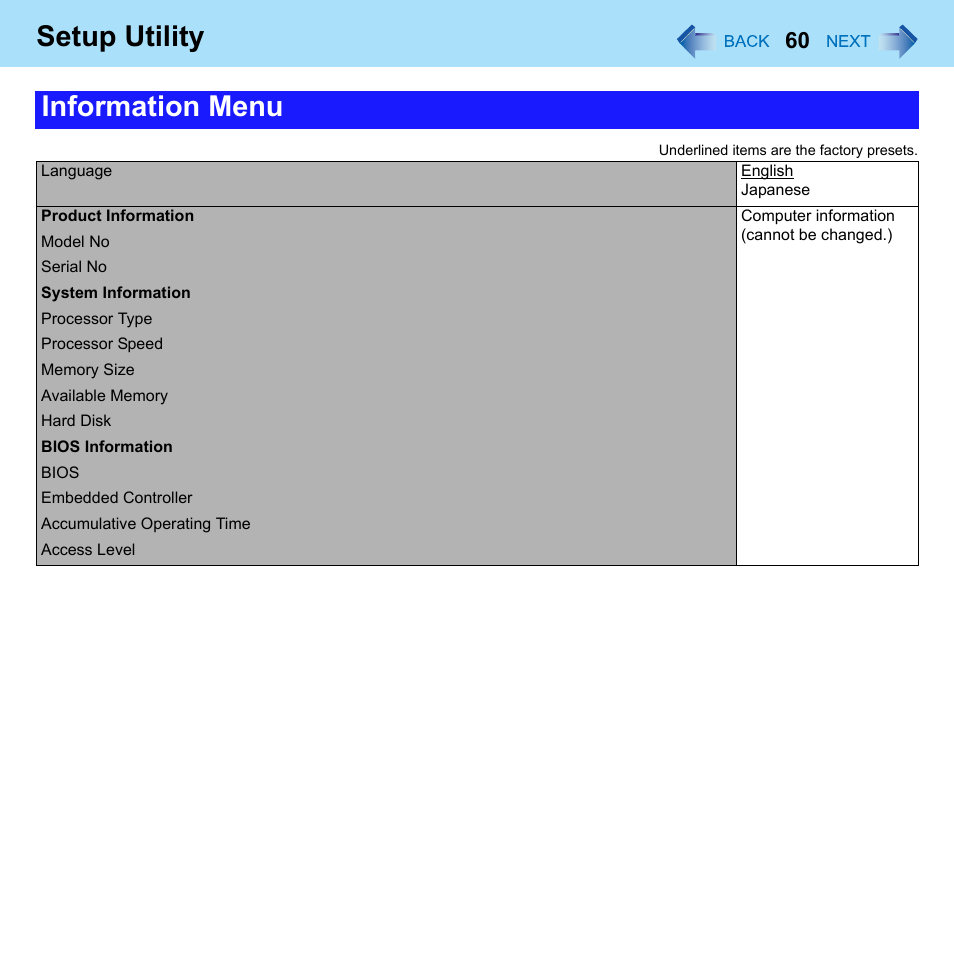 Setup utility, Information menu | Philips CF-U1 User Manual | Page 60 / 85