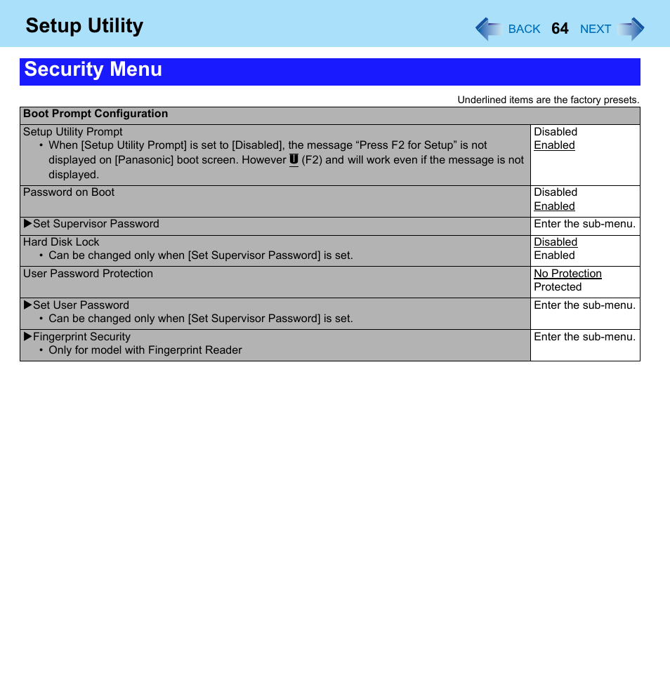 Rity] menu of the setup utility, Nu of the setup utility, Setup utility | Security menu | Philips CF-U1 User Manual | Page 64 / 85