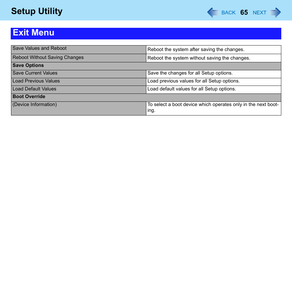 Setup utility exit menu | Philips CF-U1 User Manual | Page 65 / 85