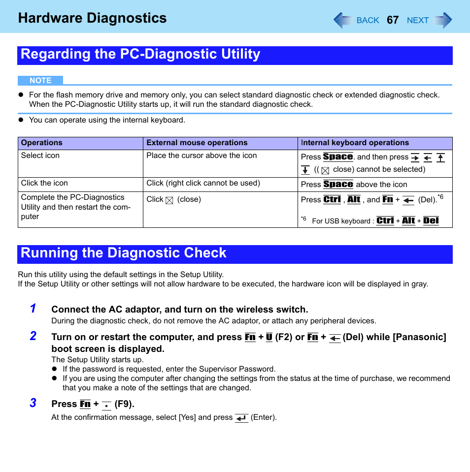 Hardware diagnostics, Regarding the pc-diagnostic utility, Running the diagnostic check | Philips CF-U1 User Manual | Page 67 / 85