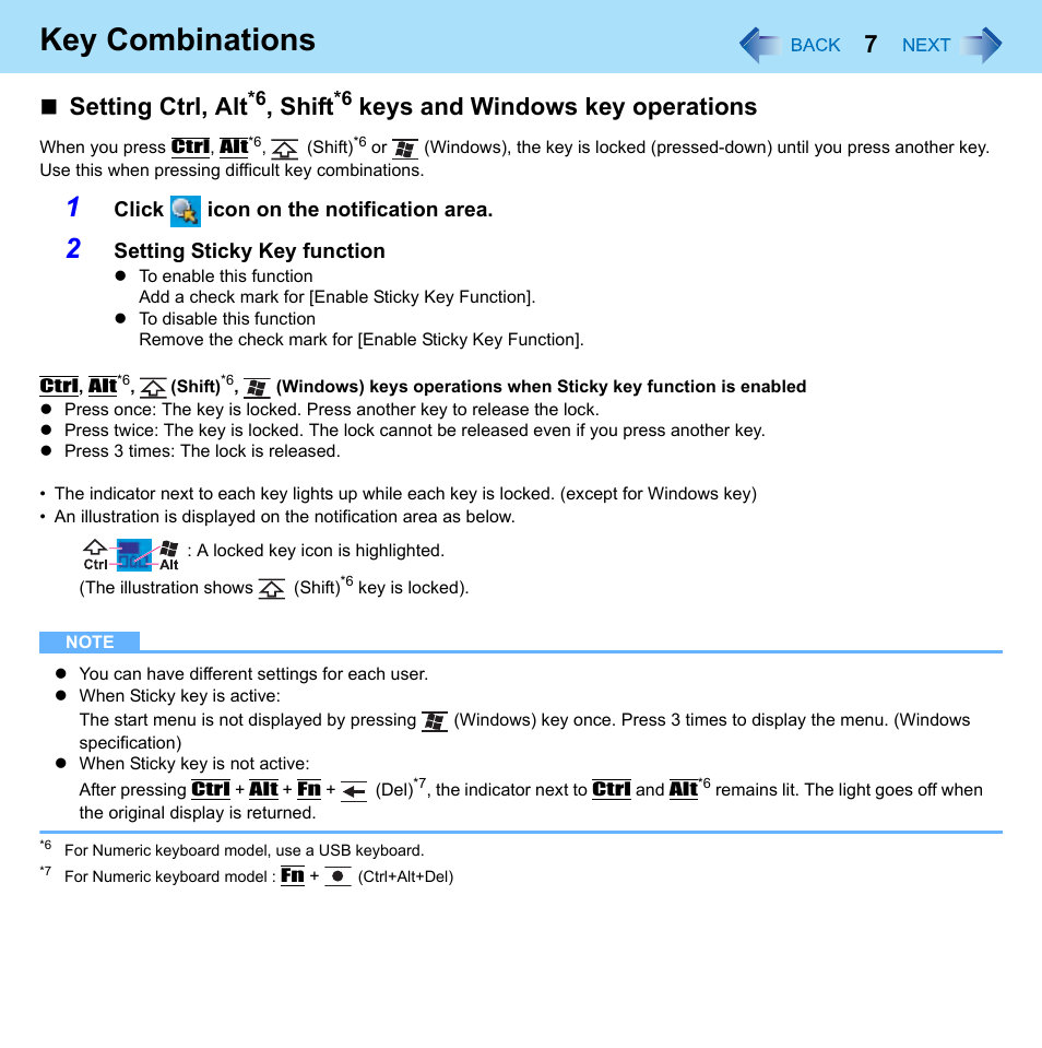 Key combinations, Setting ctrl, alt, Shif t | Keys and windows key operations | Philips CF-U1 User Manual | Page 7 / 85