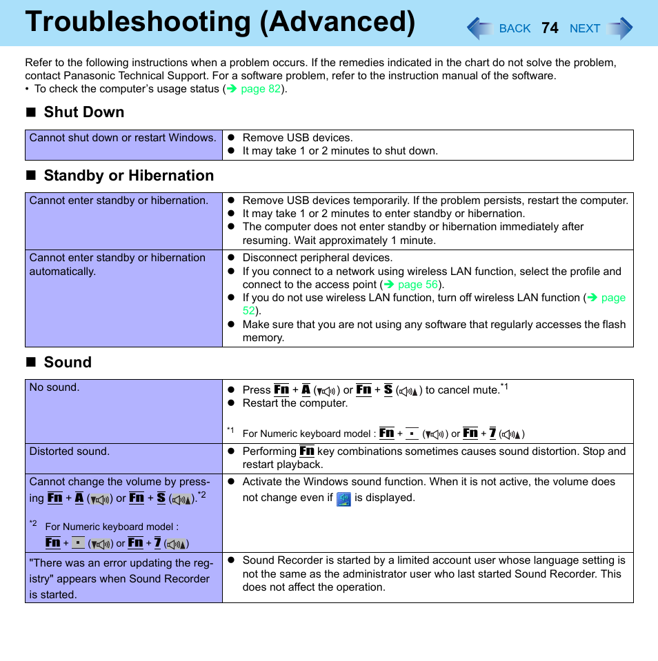 Troubleshooting (advanced), Shut down, Standby or hibernation | Sound | Philips CF-U1 User Manual | Page 74 / 85