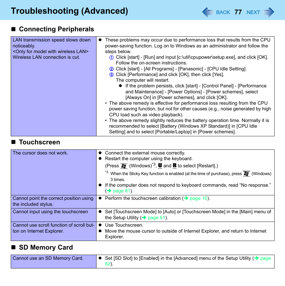 Touchscreen, Sd memory card, Troubleshooting (advanced) | Connecting peripherals | Philips CF-U1 User Manual | Page 77 / 85