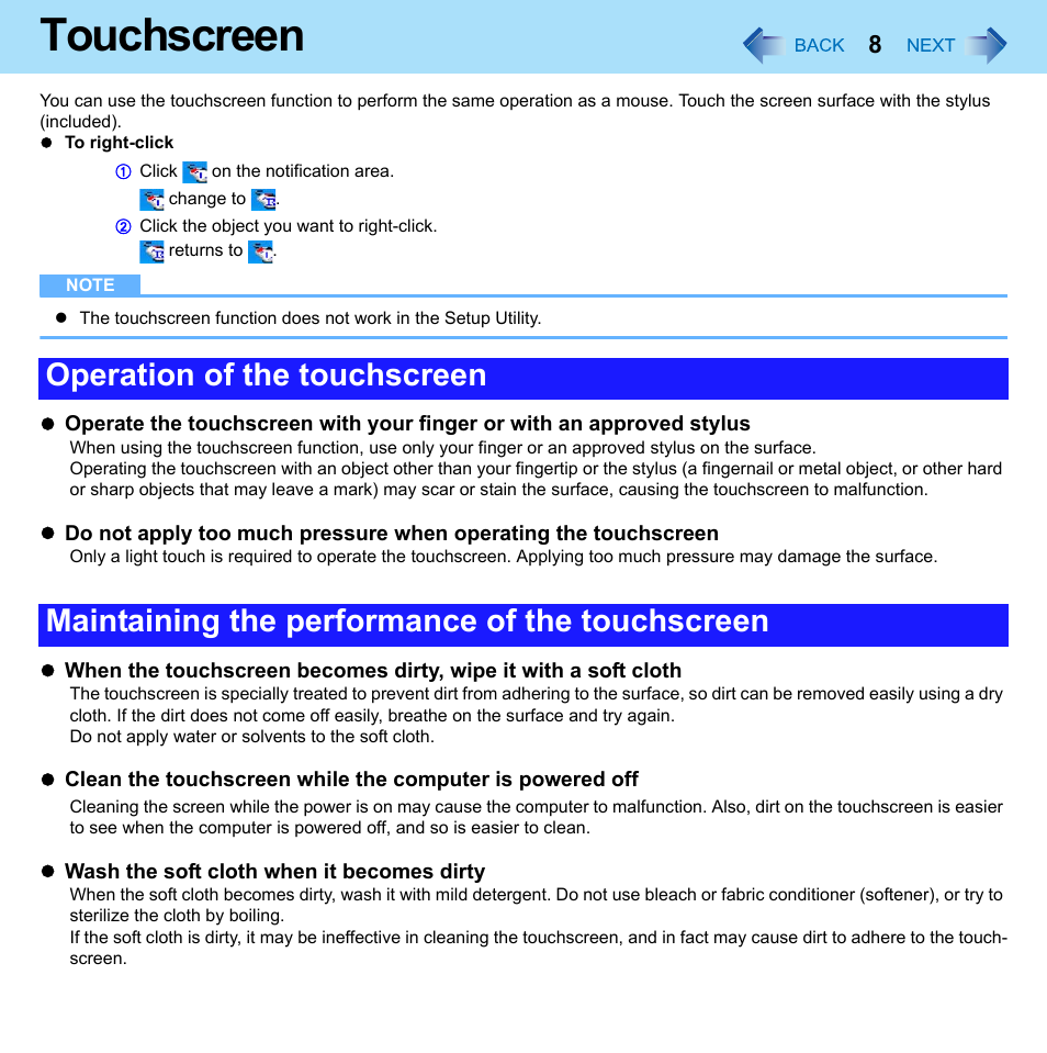 Touchscreen | Philips CF-U1 User Manual | Page 8 / 85