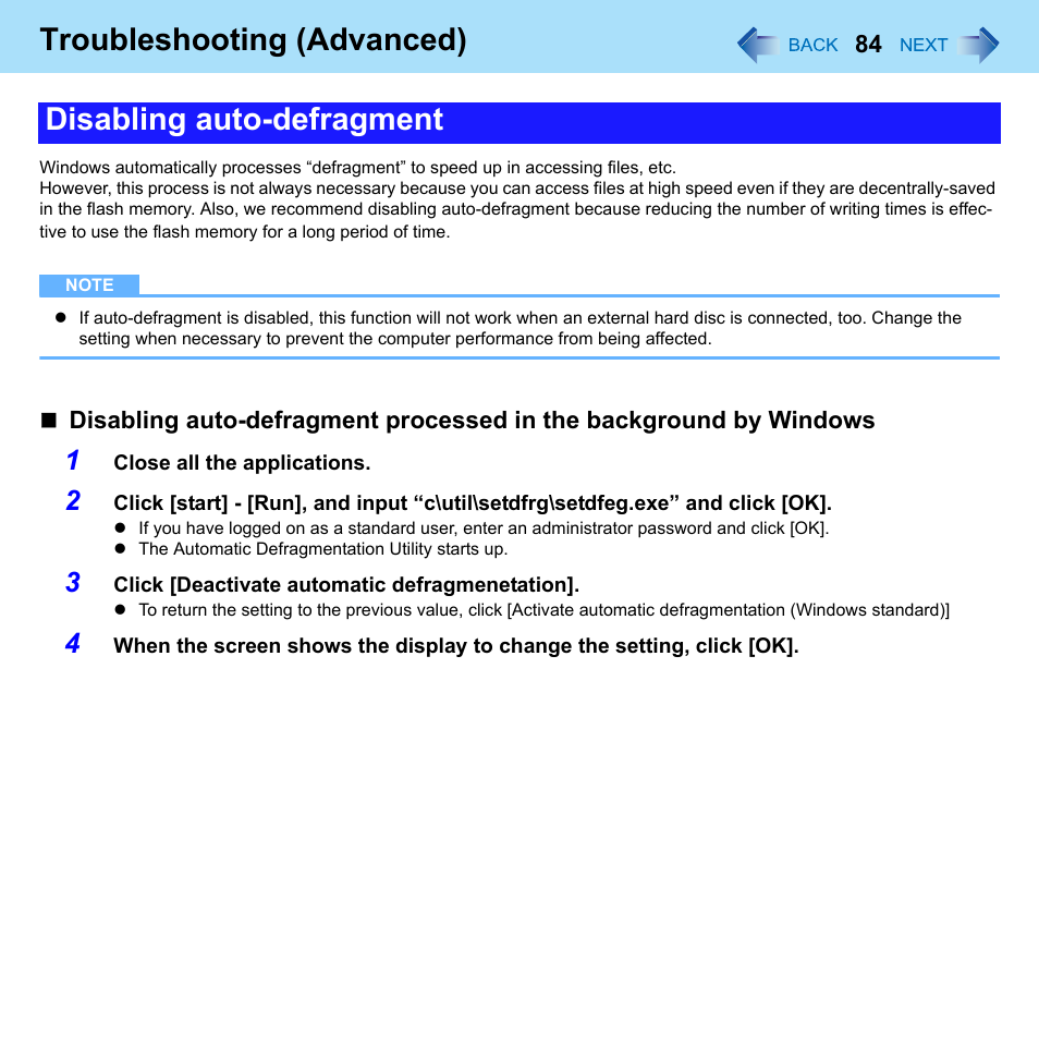 Troubleshooting (advanced), Disabling auto-defragment | Philips CF-U1 User Manual | Page 84 / 85