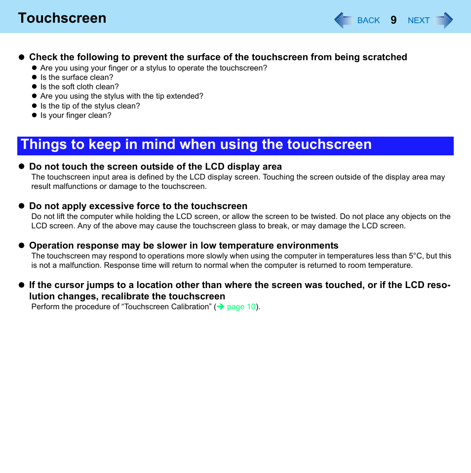 Touchscreen, Things to keep in mind when using the touchscreen | Philips CF-U1 User Manual | Page 9 / 85
