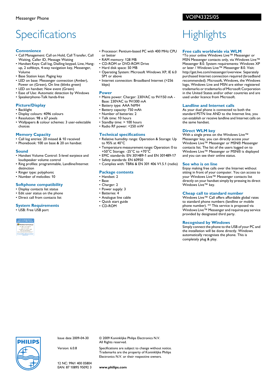 Specifications, Highlights | Philips VOIP433 User Manual | Page 2 / 2