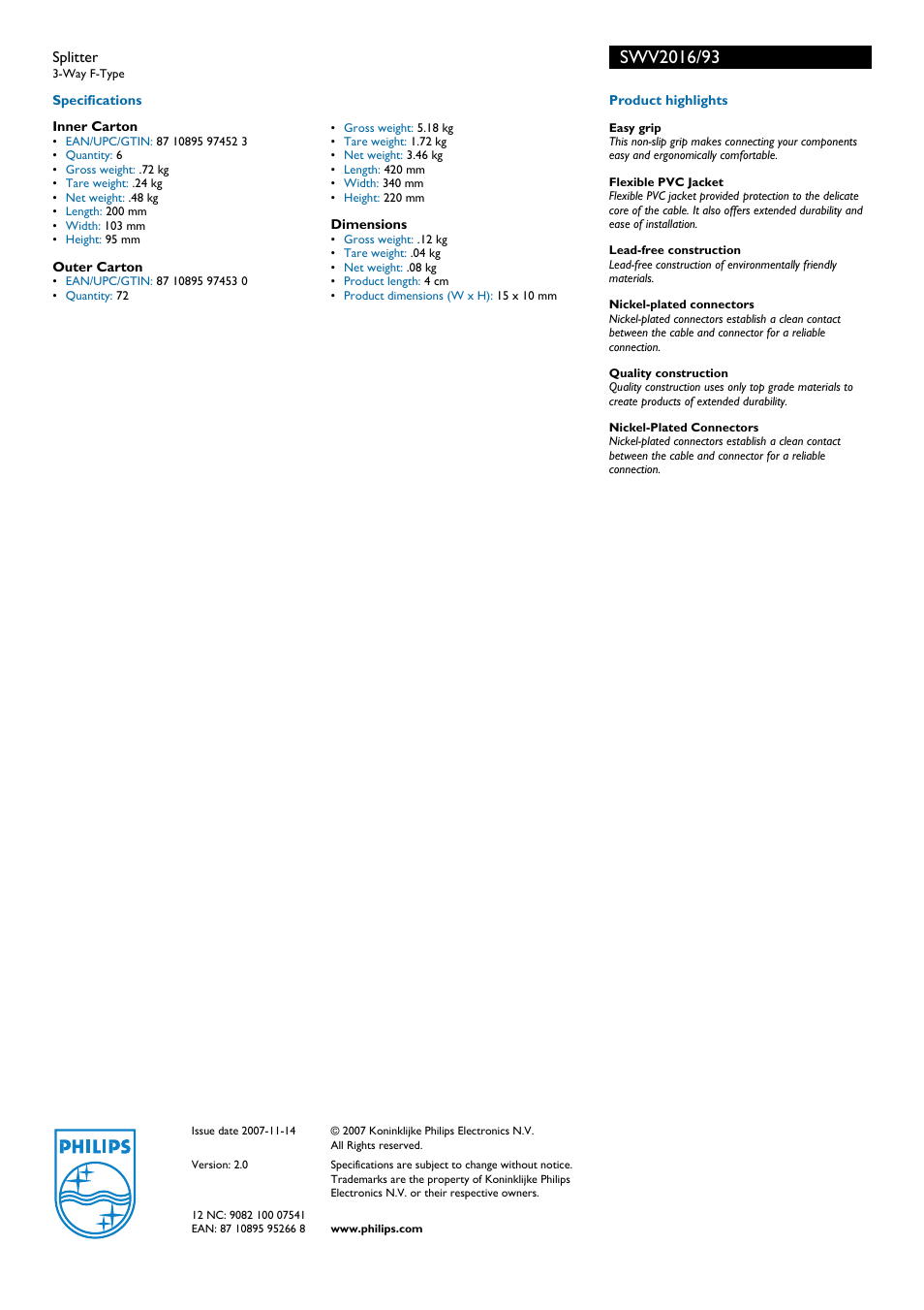 Swv20i6/93 | Philips SWV2016 User Manual | Page 2 / 2