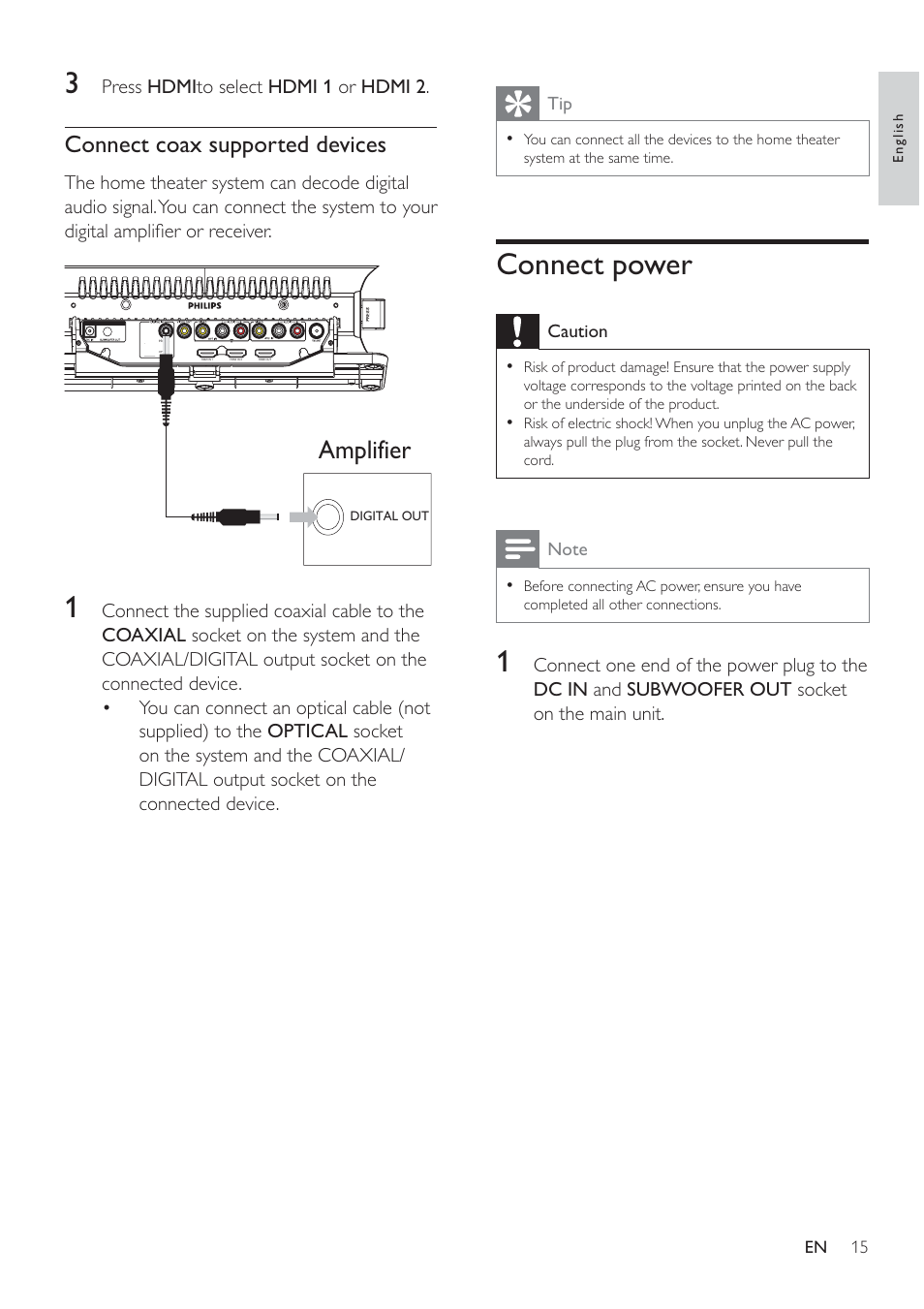 Connect power, Amplifier, Connect coax supported devices | Philips HSB2313/12 User Manual | Page 14 / 25