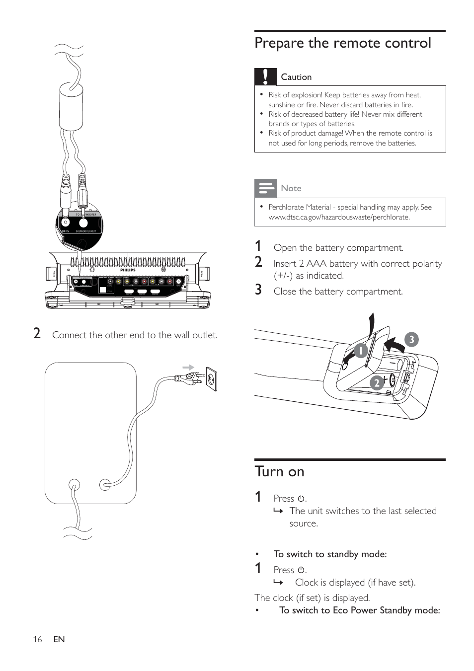 Prepare the remote control, Turn on 1 | Philips HSB2313/12 User Manual | Page 15 / 25