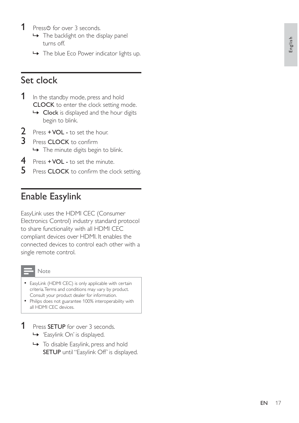 Set clock 1, Enable easylink | Philips HSB2313/12 User Manual | Page 16 / 25