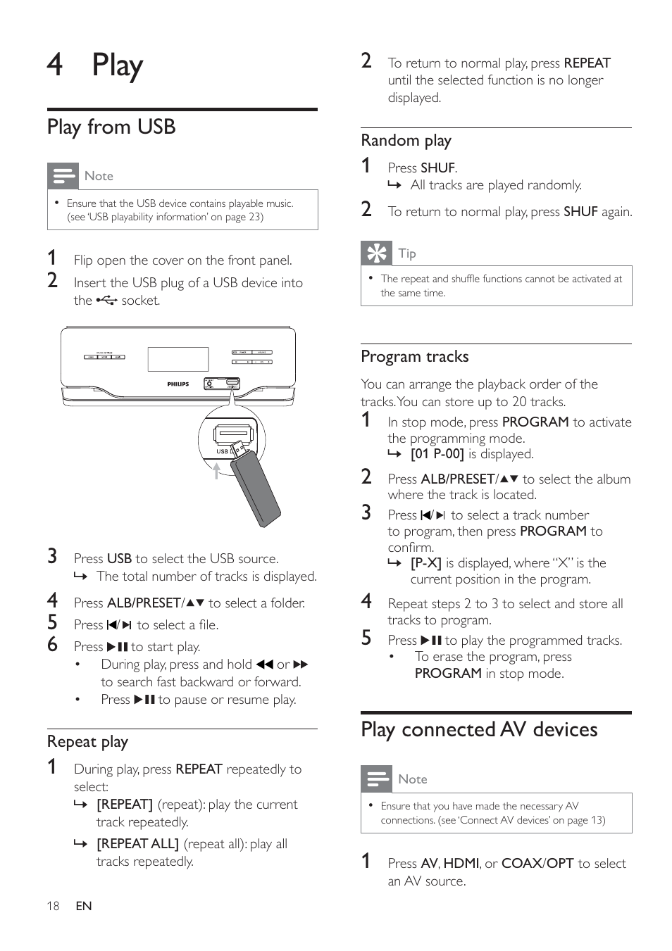 4 play, Play connected av devices, Play from usb | Philips HSB2313/12 User Manual | Page 17 / 25