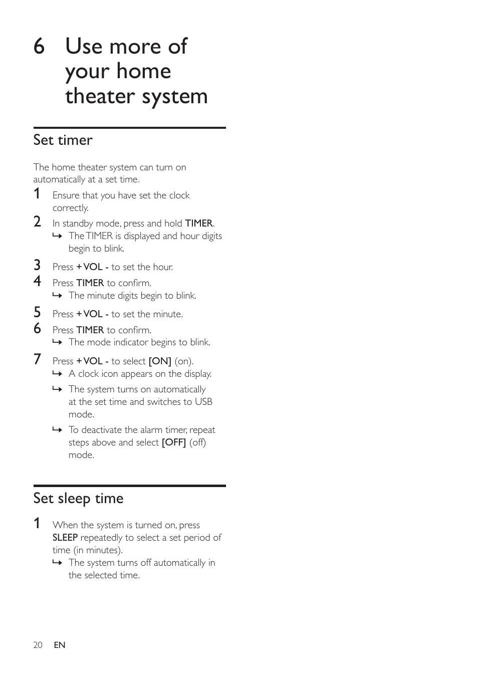 6 use more of your home theater system, Set timer, Set sleep time 1 | Philips HSB2313/12 User Manual | Page 19 / 25