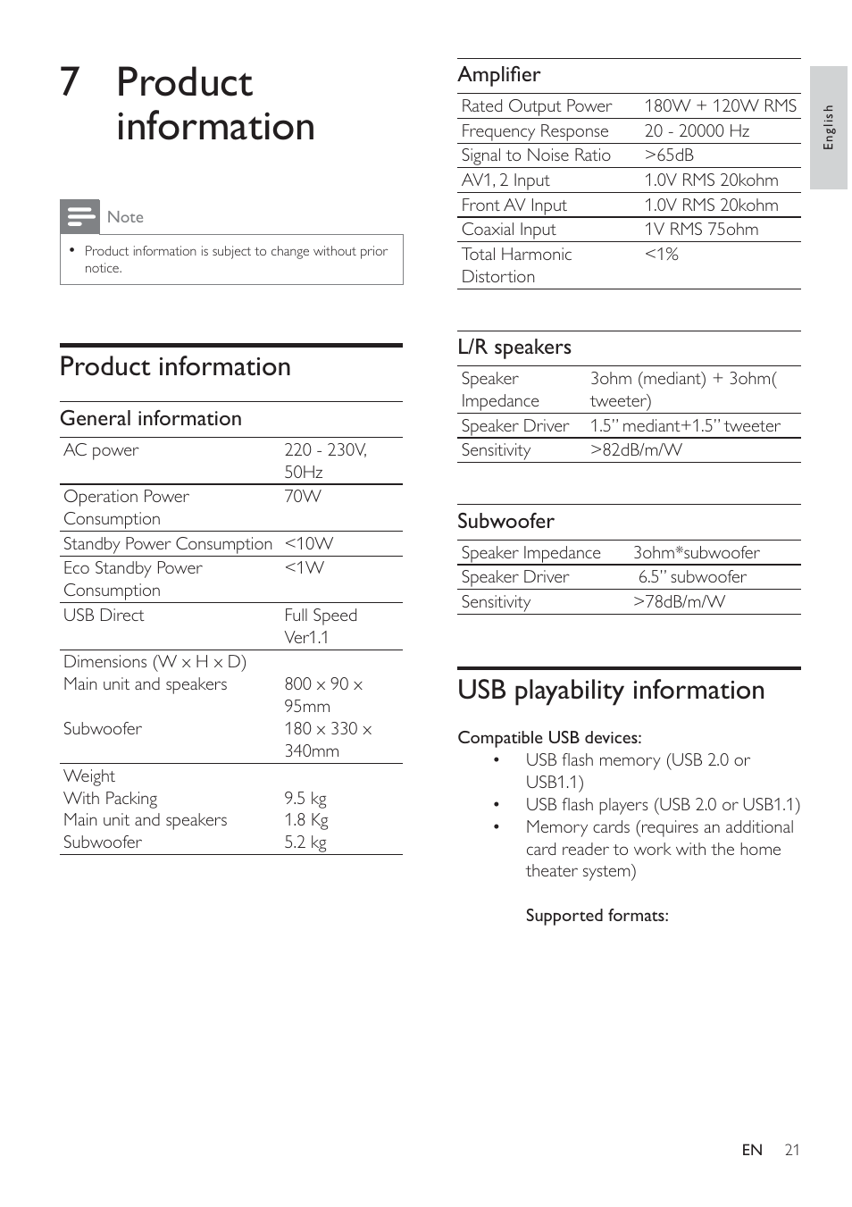 7 product information, Usb playability information, Product information | Philips HSB2313/12 User Manual | Page 20 / 25