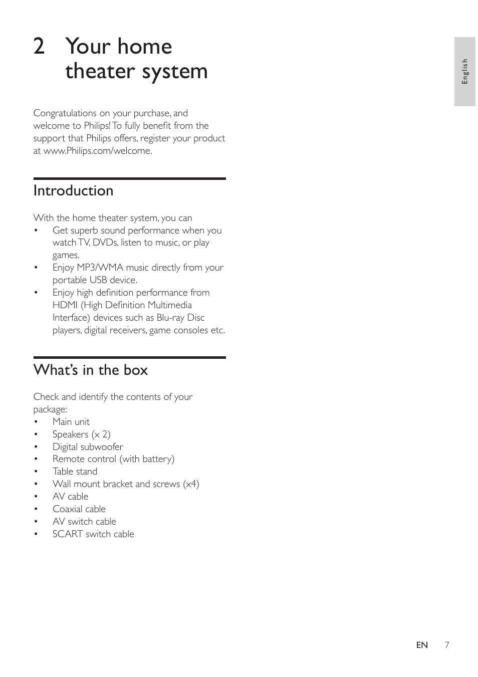 2 your home theater system, Introduction, What’s in the box | Philips HSB2313/12 User Manual | Page 6 / 25