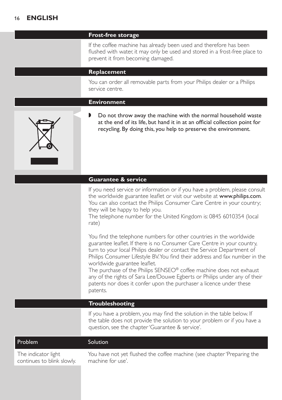 Frost-free storage, Replacement, Environment | Guarantee & service, Troubleshooting | Philips HD7805 User Manual | Page 16 / 88