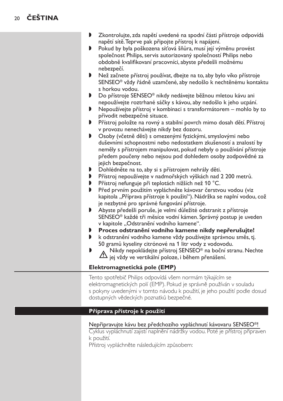 Elektromagnetická pole (emp), Příprava přístroje k použití | Philips HD7805 User Manual | Page 20 / 88