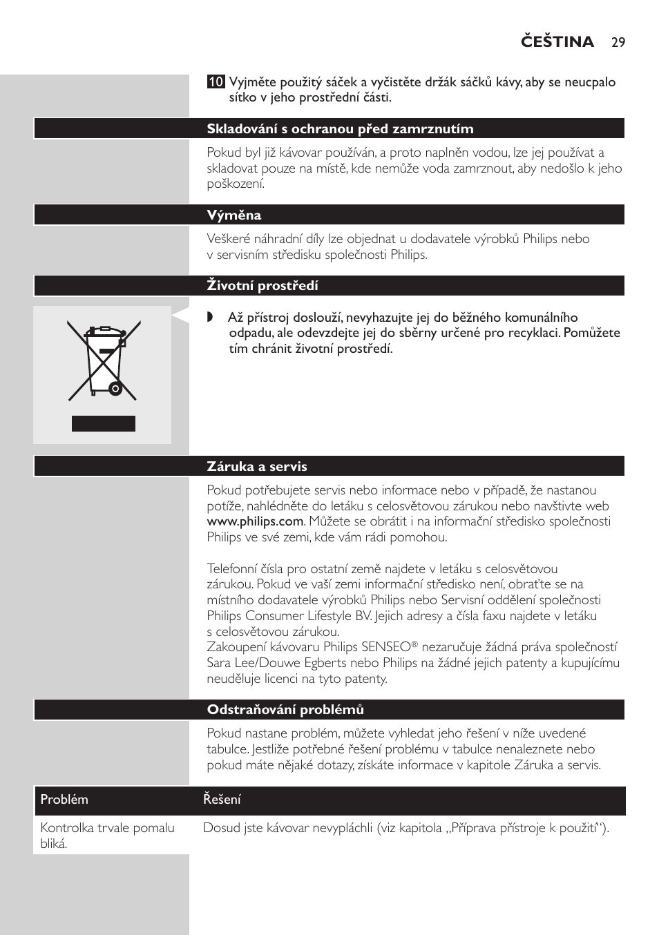 Skladování s ochranou před zamrznutím, Výměna, Životní prostředí | Záruka a servis, Odstraňování problémů | Philips HD7805 User Manual | Page 29 / 88
