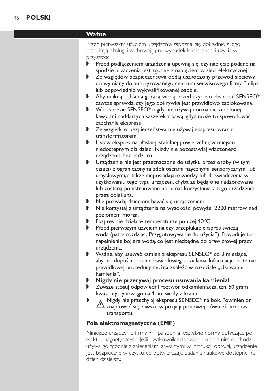 Ważne, Pola elektromagnetyczne (emf) | Philips HD7805 User Manual | Page 46 / 88