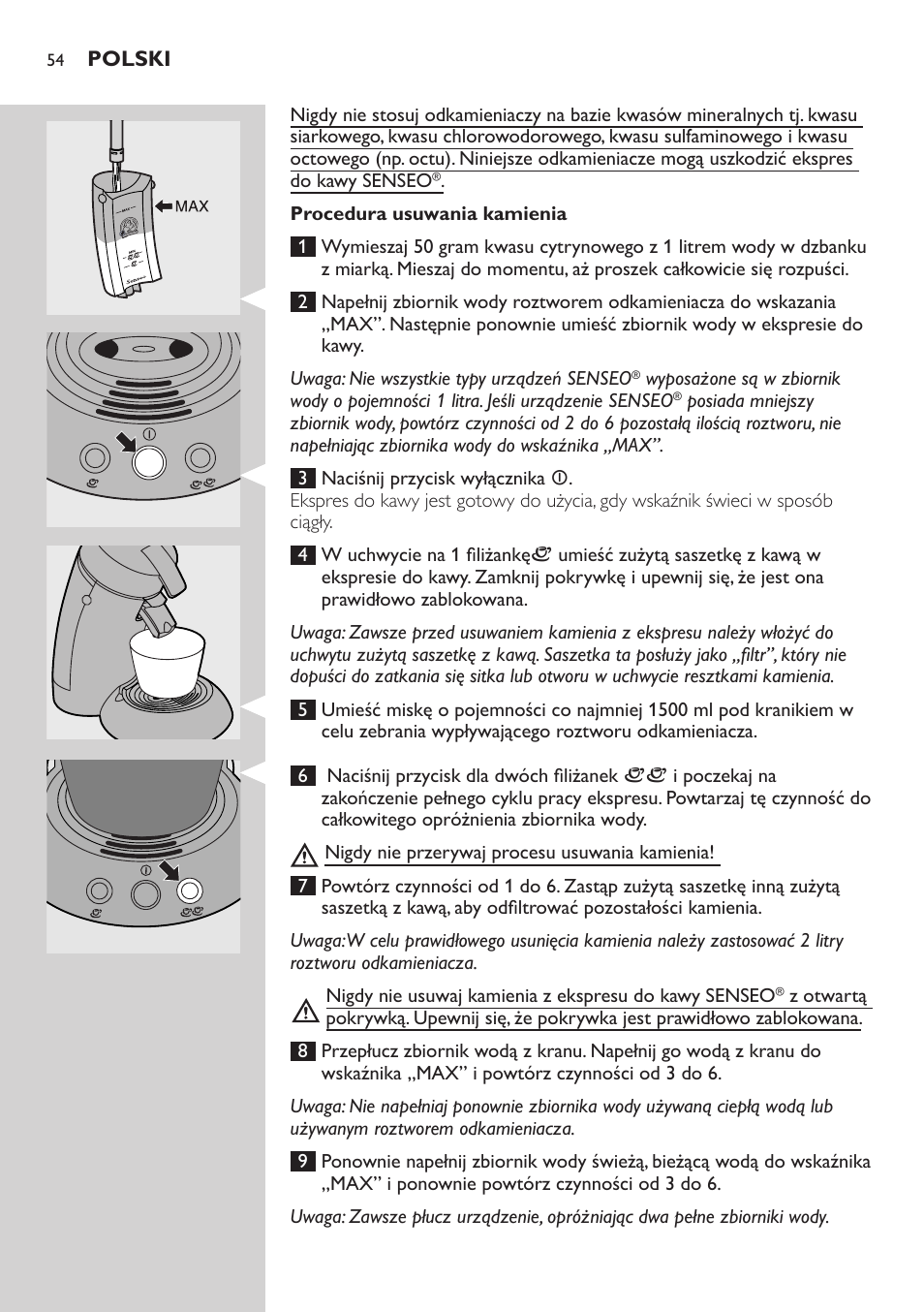 Procedura usuwania kamienia | Philips HD7805 User Manual | Page 54 / 88