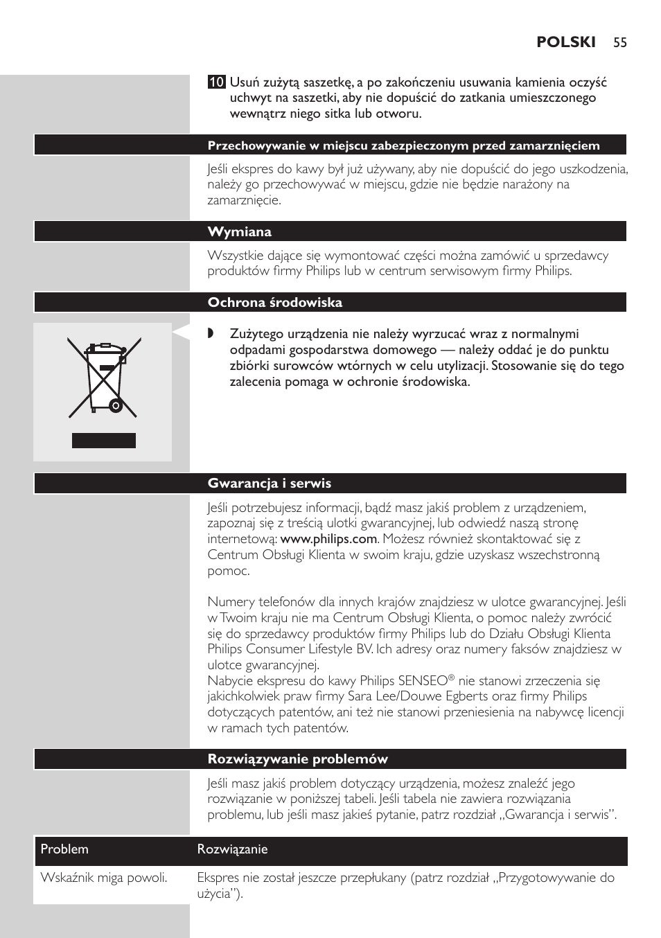 Wymiana, Ochrona środowiska, Gwarancja i serwis | Rozwiązywanie problemów | Philips HD7805 User Manual | Page 55 / 88