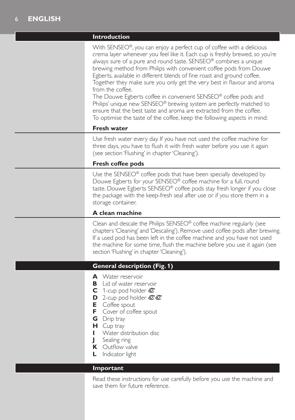 English, Introduction, Fresh water | Fresh coffee pods, A clean machine, General description (fig. 1), Important | Philips HD7805 User Manual | Page 6 / 88