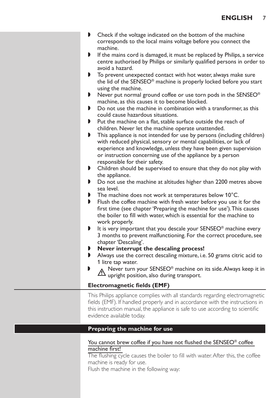 Electromagnetic fields (emf), Preparing the machine for use | Philips HD7805 User Manual | Page 7 / 88