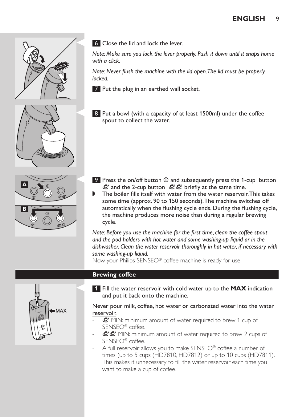 Brewing coffee | Philips HD7805 User Manual | Page 9 / 88