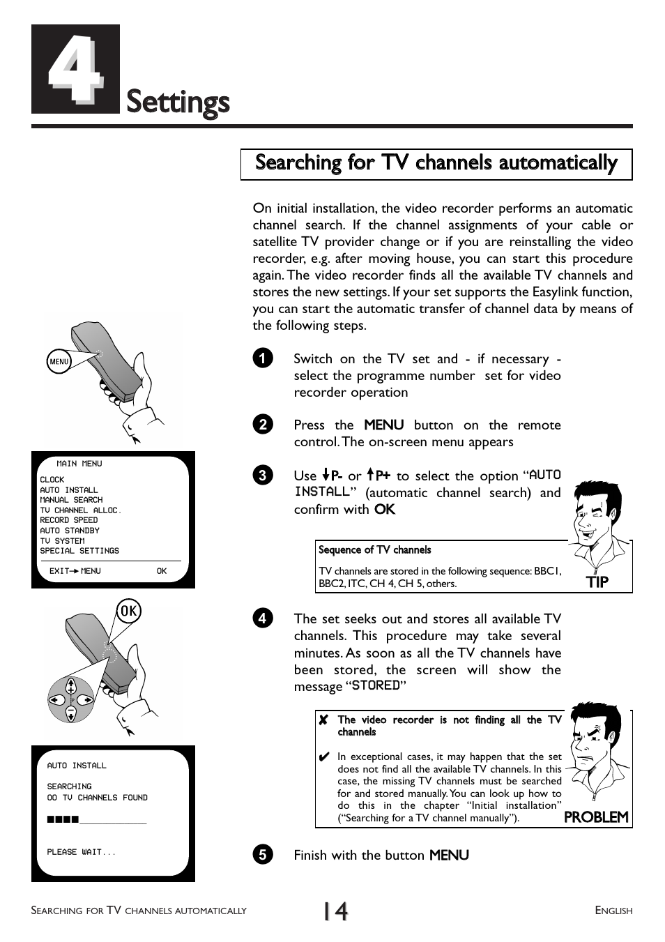 Settings, Searching for a tv channel automatically | Philips VR 260/07 User Manual | Page 14 / 52