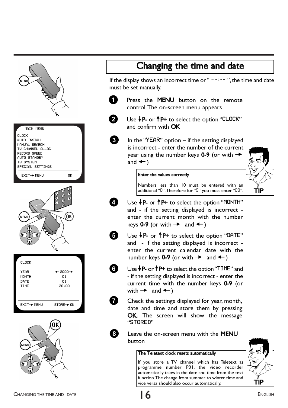Changing the time and date, Cchhaannggiinngg tthhee ttiim mee aanndd ddaattee, Ttiipp | Philips VR 260/07 User Manual | Page 16 / 52