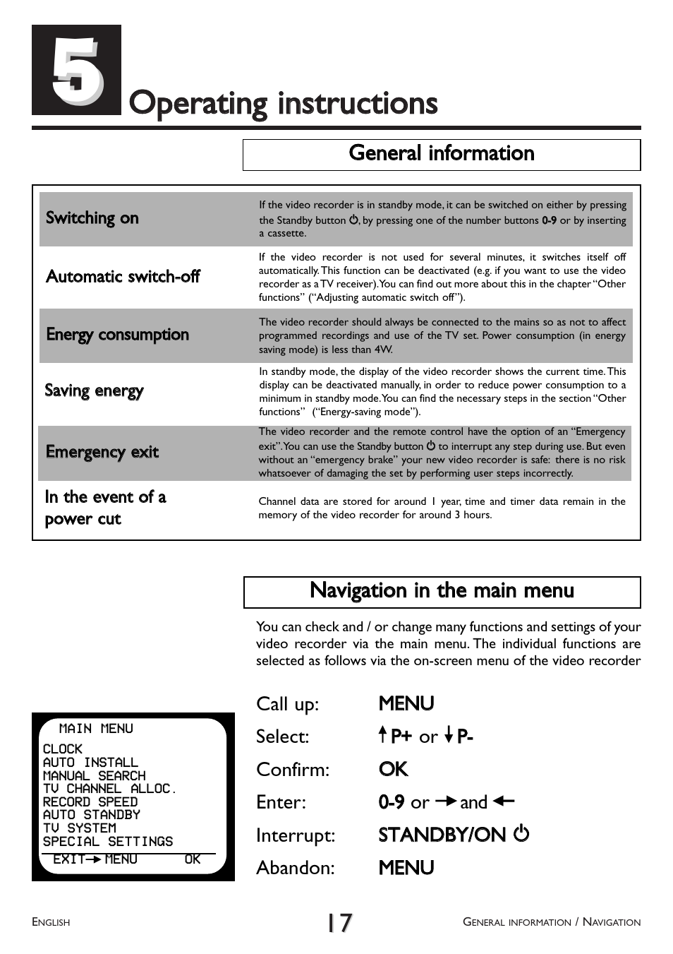 Operating, Instructions, General information | Navigation in the main menu, Ooppeerraattiinngg iinnssttrruuccttiioonnss, Ggeenneerraall iinnffoorrm maattiioonn | Philips VR 260/07 User Manual | Page 17 / 52