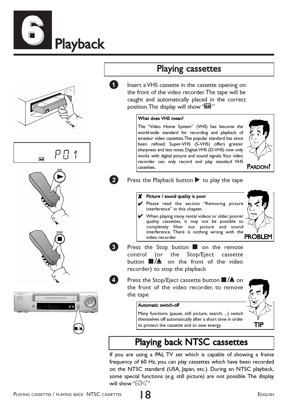 Playback, Playing cassettes, Playing back ntsc cassettes | Ppllaayybbaacckk, P 0 1 | Philips VR 260/07 User Manual | Page 18 / 52