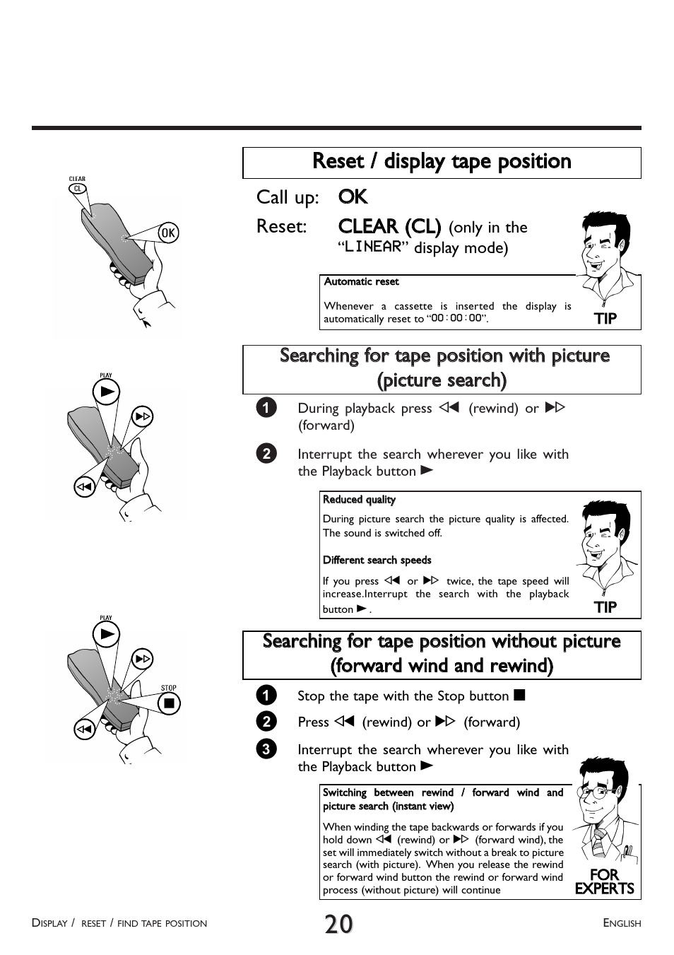 Reset / display tape position, Call up: o ok k reset: c clleea arr ((c cll)) | Philips VR 260/07 User Manual | Page 20 / 52