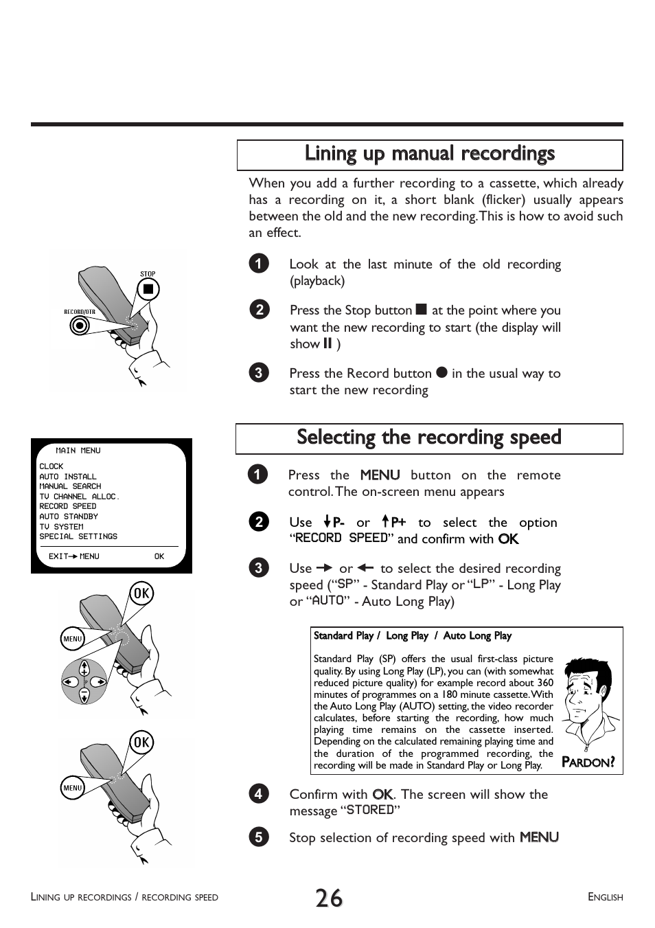 Lining up manual recordings, Selecting the recording speed | Philips VR 260/07 User Manual | Page 26 / 52