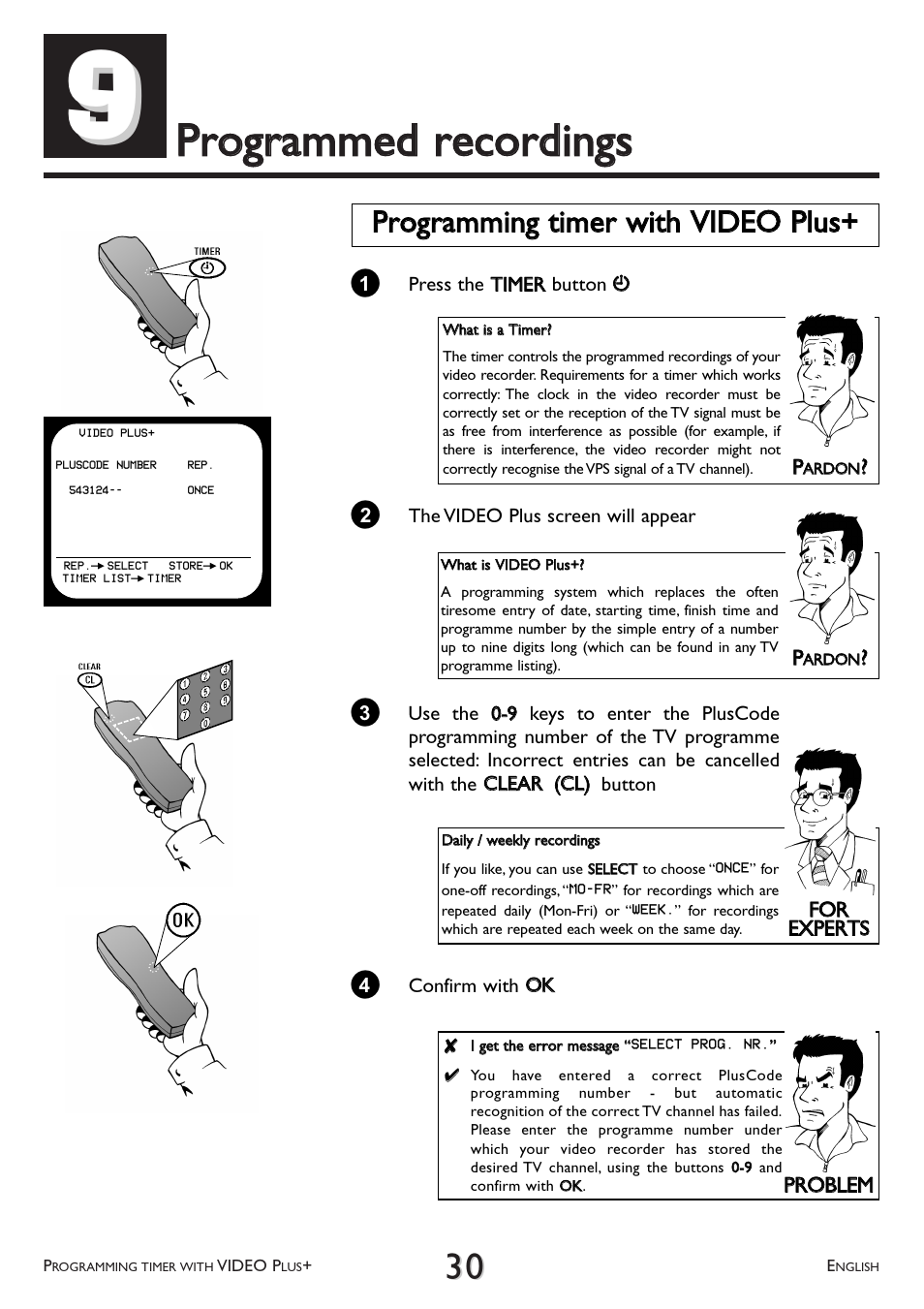 Programmed, Recordings, Programming timer with video plus | Pprrooggrraam mm meedd rreeccoorrddiinnggss | Philips VR 260/07 User Manual | Page 30 / 52