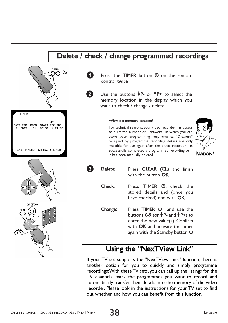 Delete / check / change programmed recordings, Using the nextview link, Uussiinngg tthhee n neexxttvviieew w lliinnkk | Philips VR 260/07 User Manual | Page 38 / 52