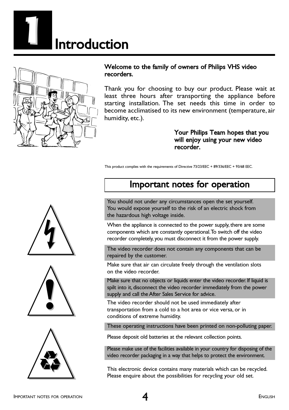 Introduction, Important notes for operation, Iinnttrroodduuccttiioonn | Philips VR 260/07 User Manual | Page 4 / 52