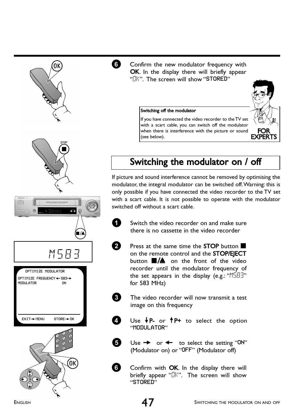 Switching the modulator on / off, M 5 8 3 | Philips VR 260/07 User Manual | Page 47 / 52