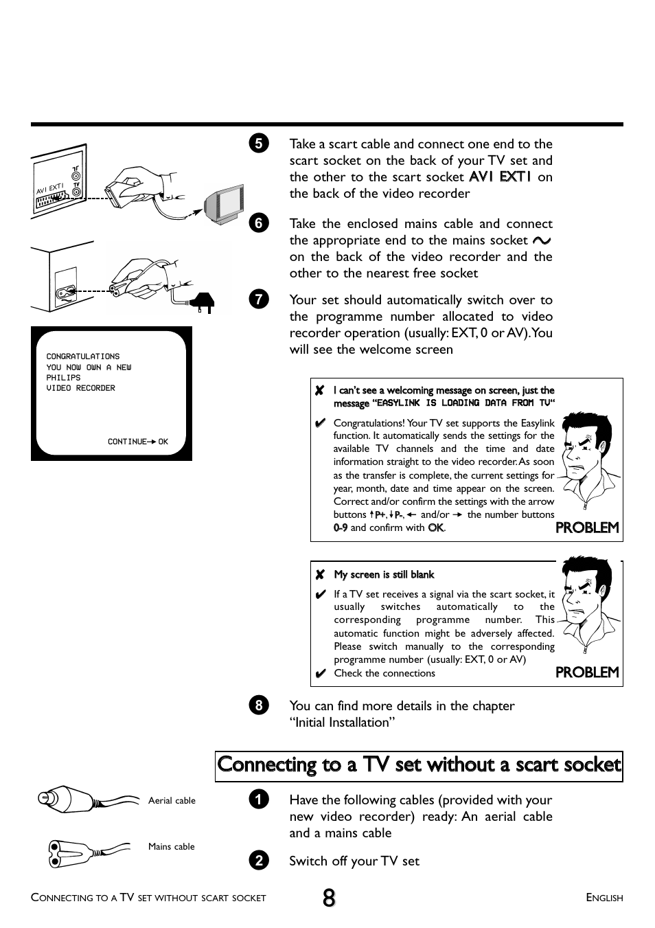 Connecting to a tv set without a scart socket, Pprro obblleem m | Philips VR 260/07 User Manual | Page 8 / 52