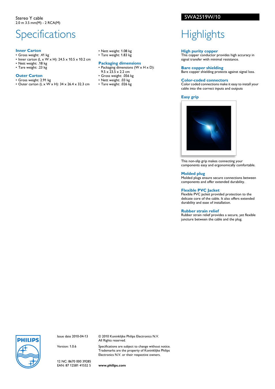 Specifications, Highlights | Philips SWA2519W/10 User Manual | Page 2 / 2