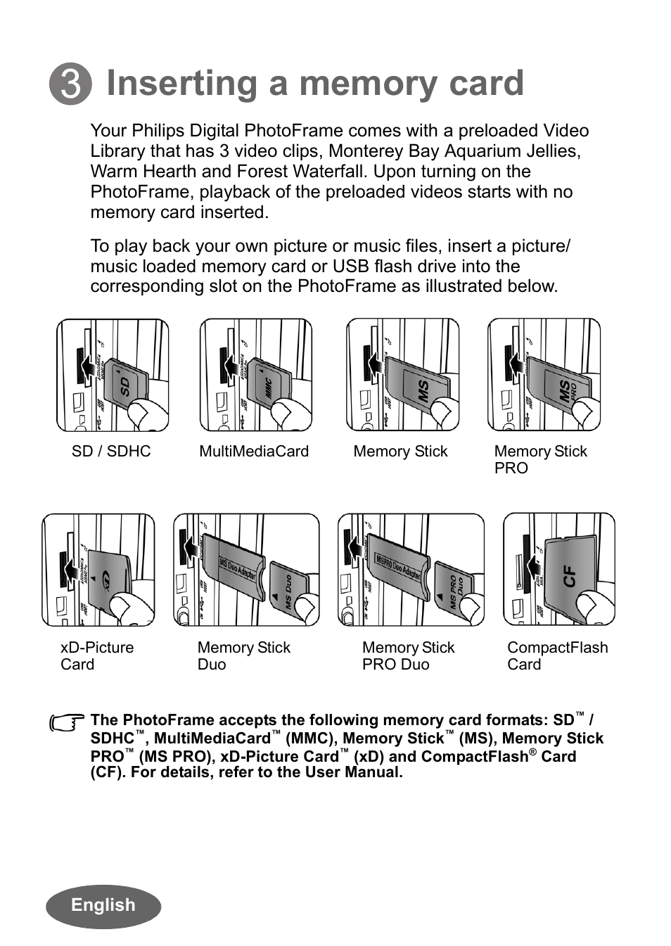 Inserting a memory card | Philips SPF3010C/G7 User Manual | Page 4 / 6