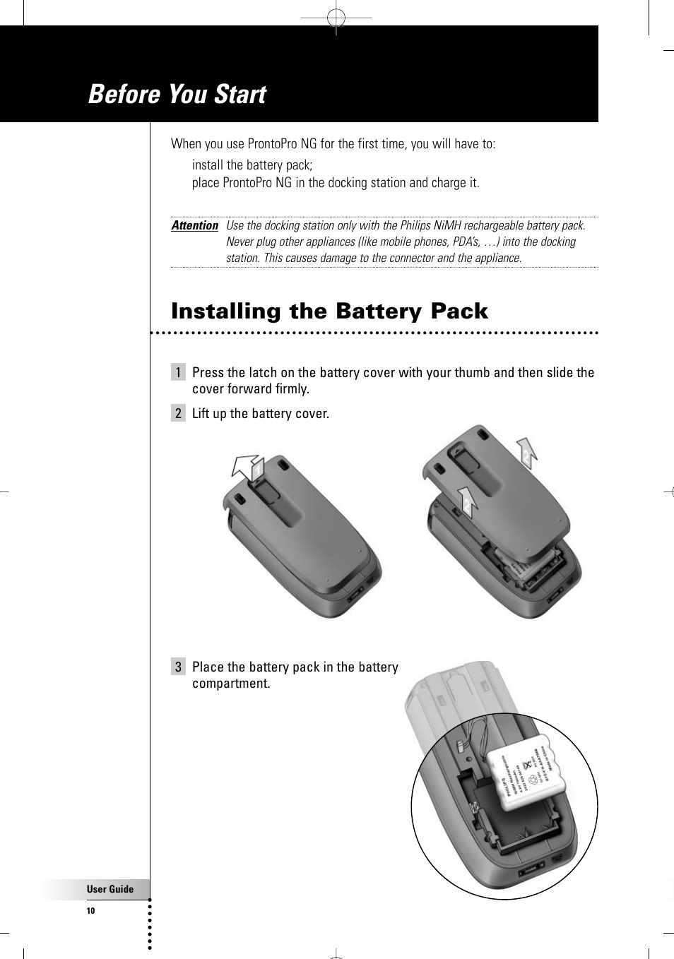 Before you start, Installing the battery pack | Philips TSU 7500 User Manual | Page 10 / 70