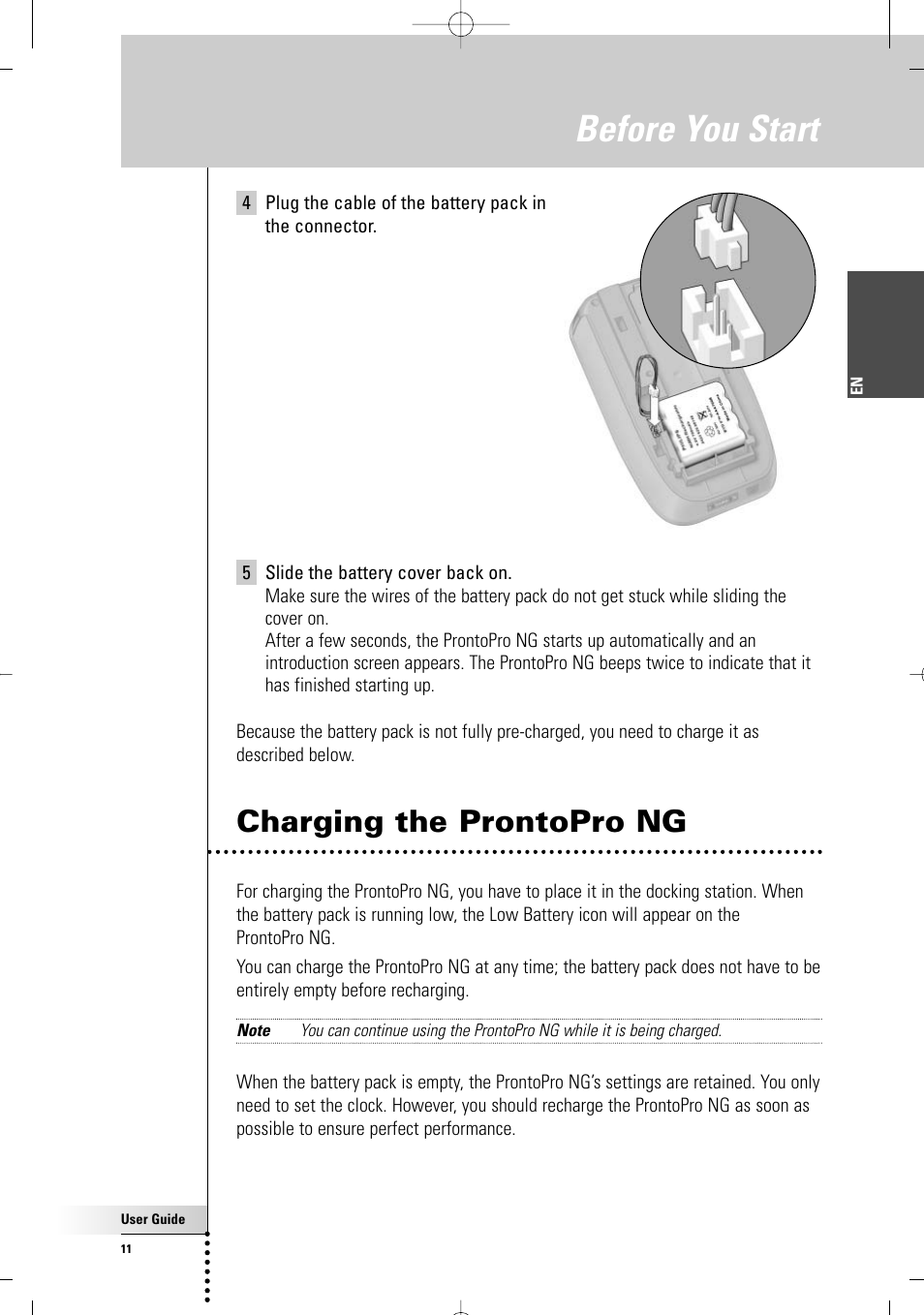 Before you start, Charging the prontopro ng | Philips TSU 7500 User Manual | Page 11 / 70