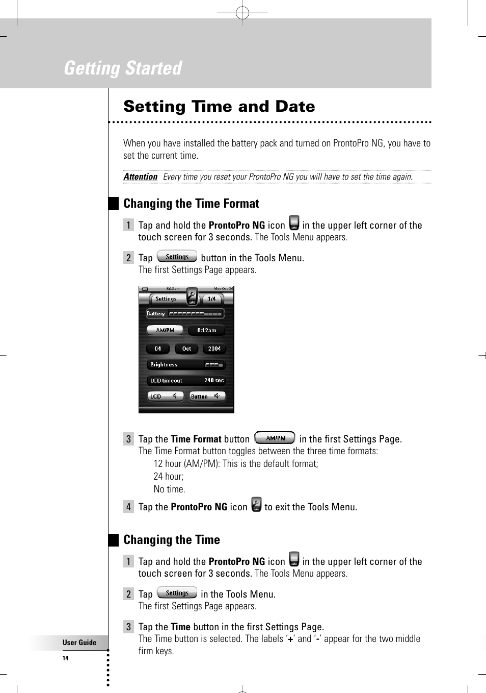 Getting started, Setting time and date, Changing the time format | Changing the time | Philips TSU 7500 User Manual | Page 14 / 70