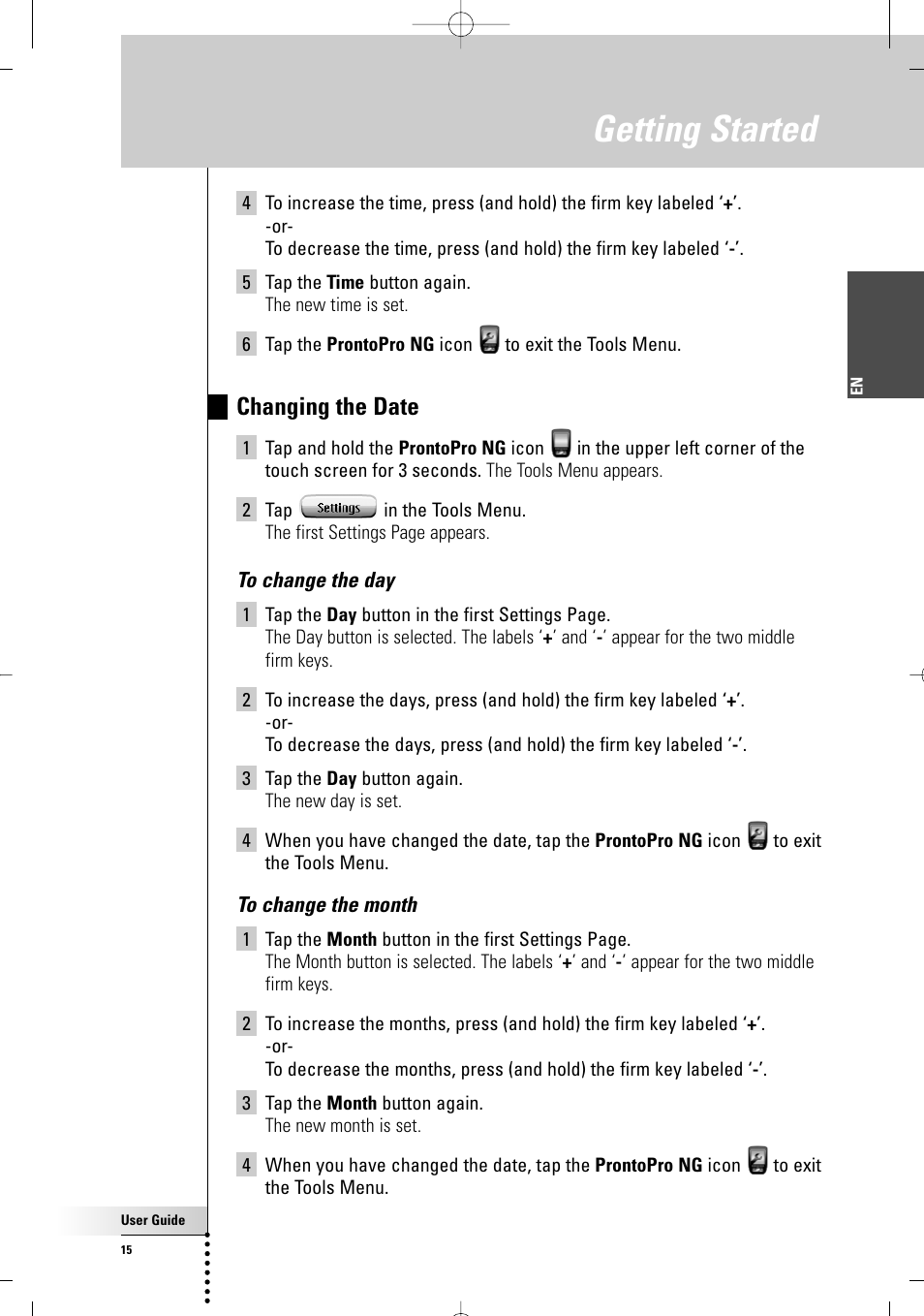 Getting started, Changing the date | Philips TSU 7500 User Manual | Page 15 / 70