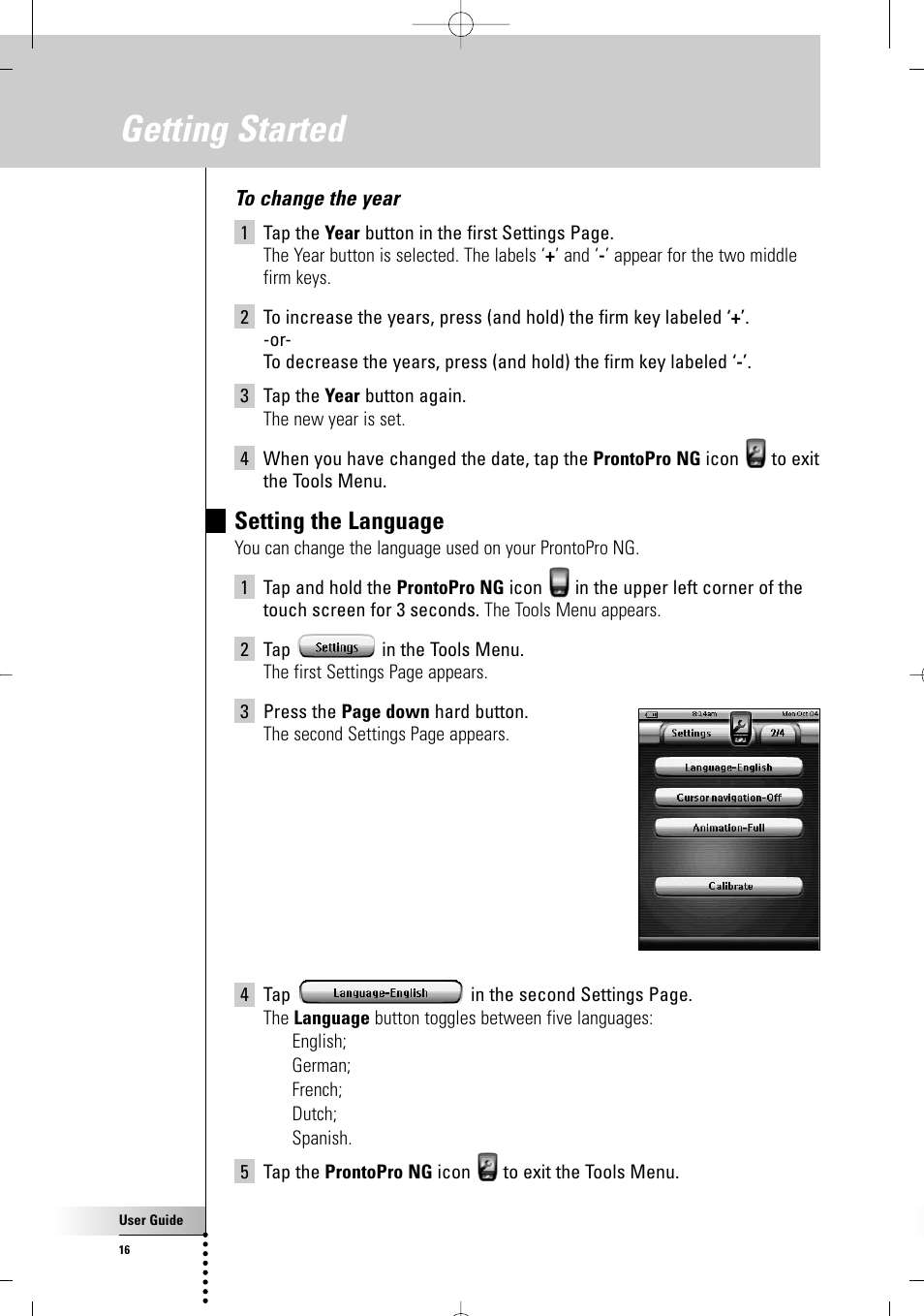 Getting started, Setting the language | Philips TSU 7500 User Manual | Page 16 / 70